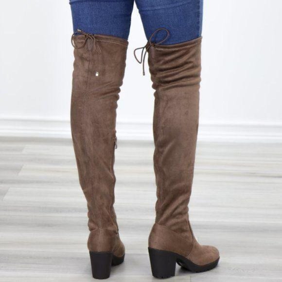 Taupe Thigh High Suede Boots Lug Chunky Heel - Picture 8 of 15
